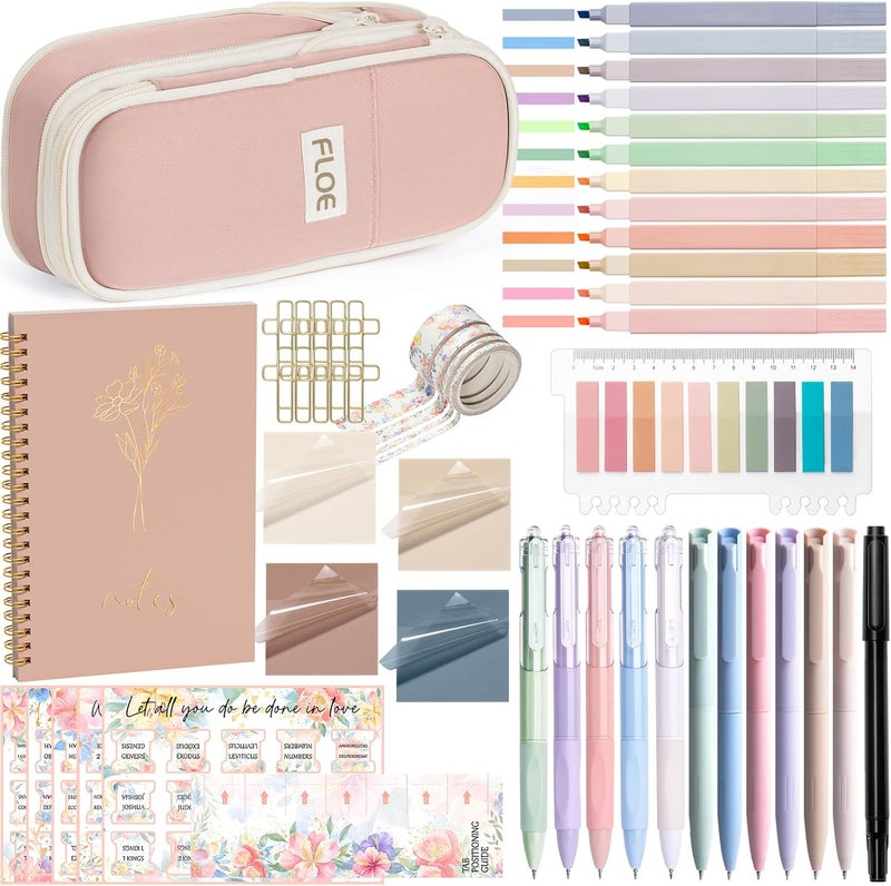 FLOE Bible Study Supplies Journaling Kit for Women, Valentines Day Christian Gifts for Women Her, Bible Study Tool w/Pastel Highlighter and Pen No Bleed, Pencil Case Notebook Annotation Kit Accessories Set - Image 1